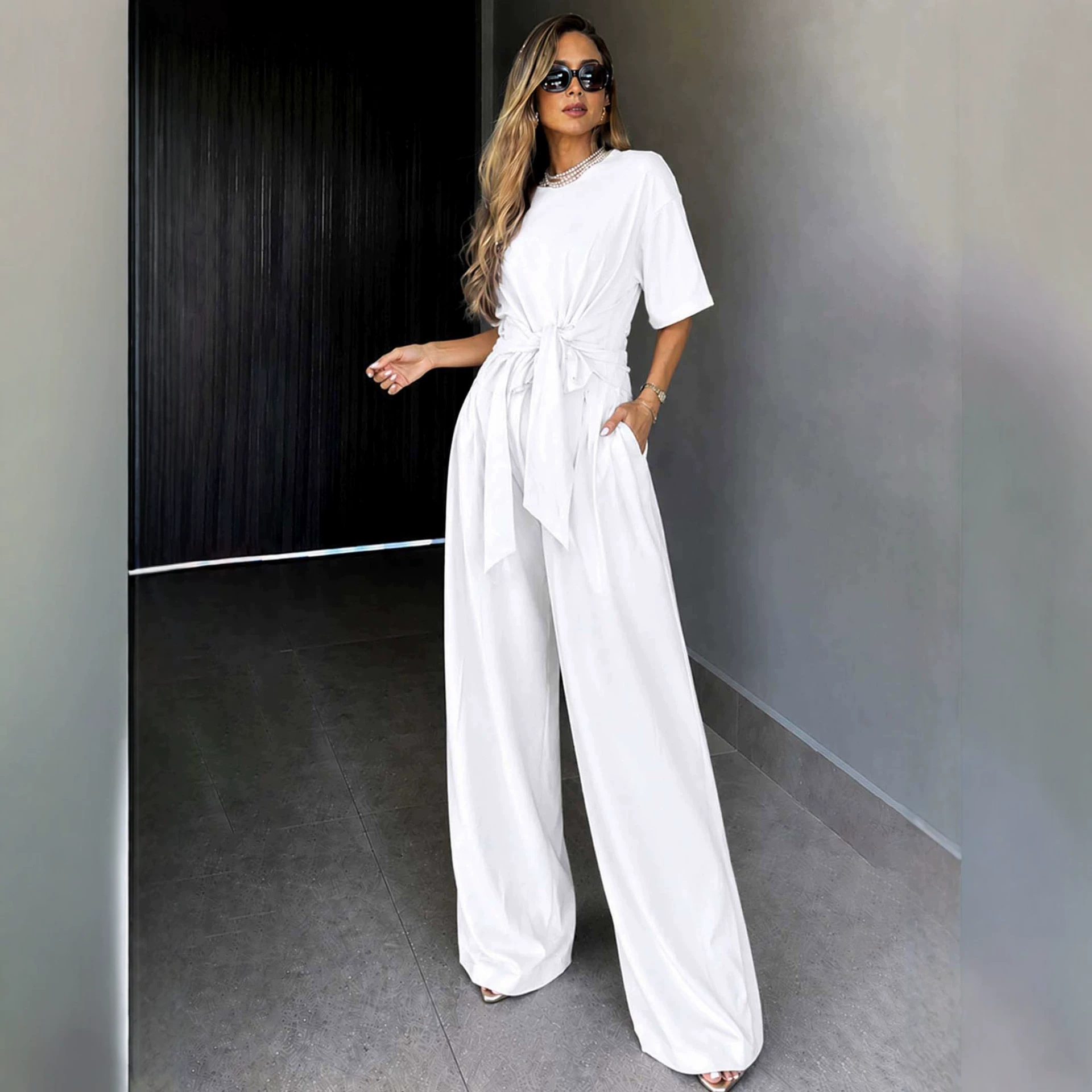 Round-neck Short-sleeve Top And Loose Wide-leg Pants Set