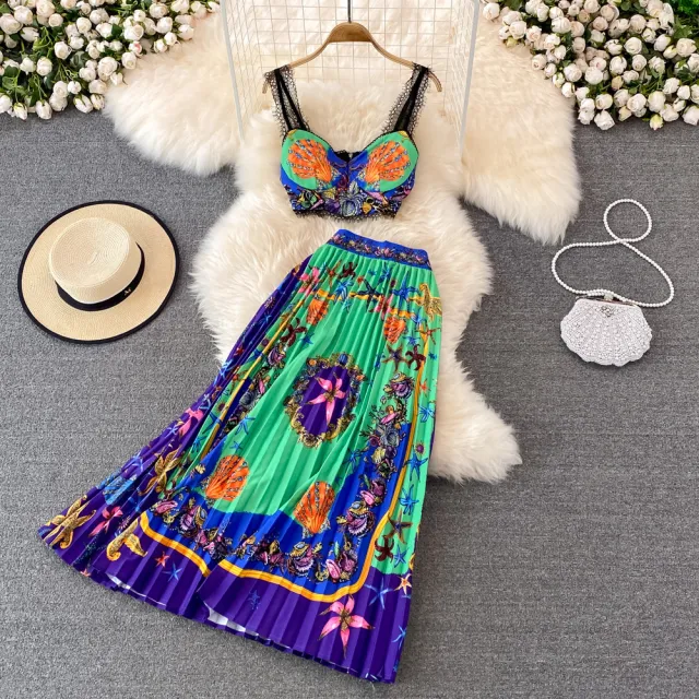 Women's Fashionable Elegant Lace Splicing Sling Top Two piece Set Emerald Green - Shop at LoveMi