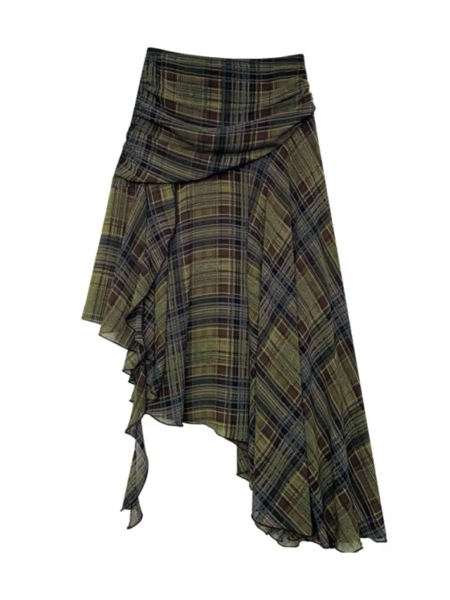 Retro Irregular Plaid Skirt With A Designer Touch For Autumn Coffee - Shop at LoveMi
