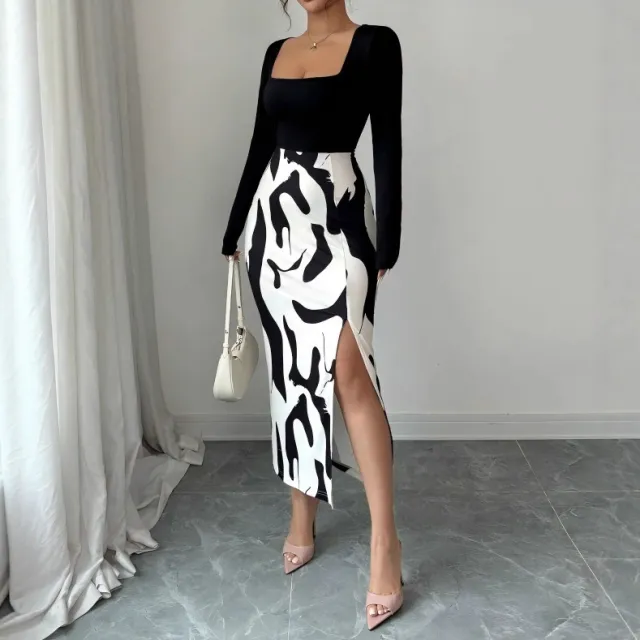 Fashionable Printed Slim Fit Long Sleeve Slit Dress Black - Shop at LoveMi