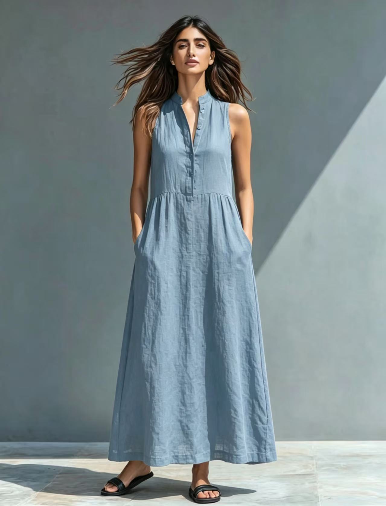Women's Stand-Collar Maxi Dress in Sky Blue – sleeveless A-line vacation dress