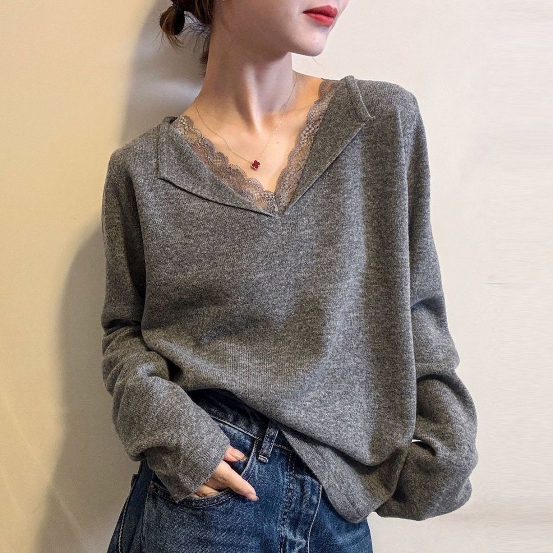 Lace-trimmed Knit Sweater A Stylish Versatile Piece That Exudes Elegance