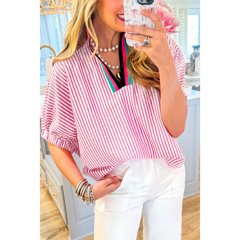 Color-block V Neck Pullover Top For Women