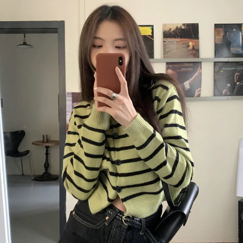Green Striped Sweater Open Autumn Inner Wear Blouse Long Sleeve Cardigan Retro Cropped Sweater Coat Women - Green