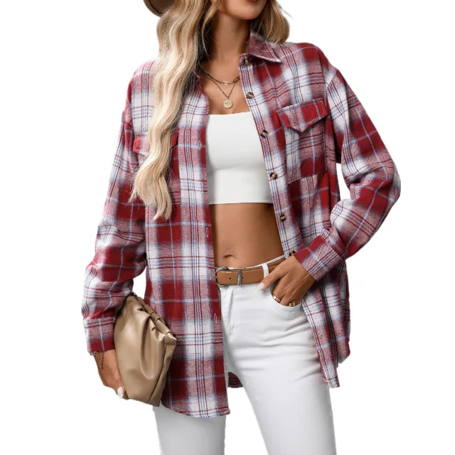 Casual Fashion Loose Plaid Pocket Shirt For Women Red - Shop at LoveMi
