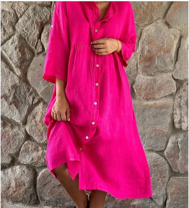 Women's Cotton And Linen Solid Color Casual Stand Collar Button Length Dress