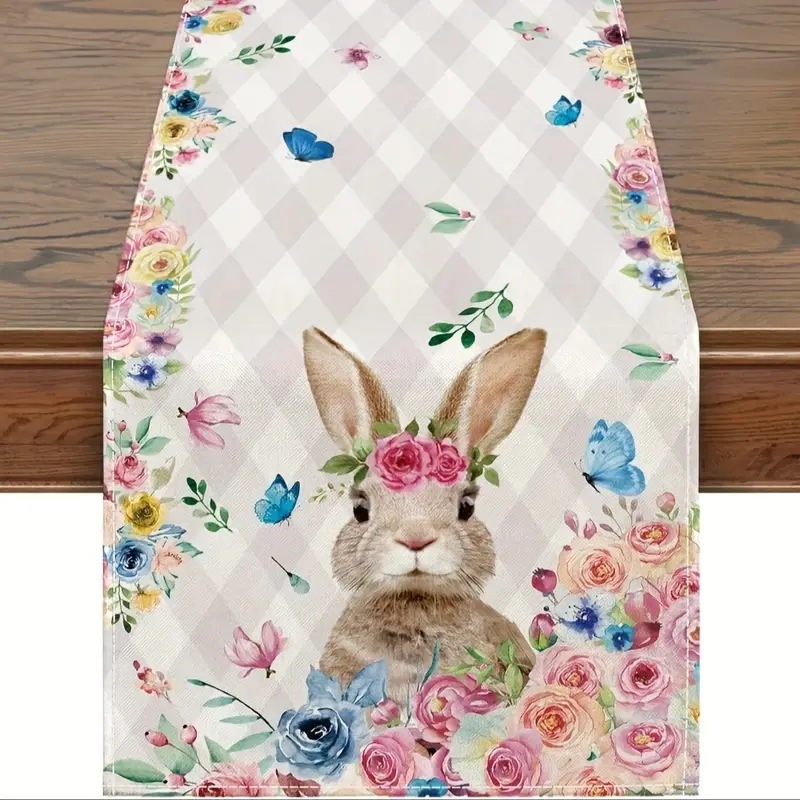 Easter Table Runner Rabbit Egg Decoration Linen Printing Table Cloth - Picture 12 of 32