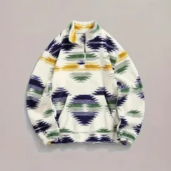 Bohemian Zipper Fleece Sweatshirt Top For Women - Blue - View 1
