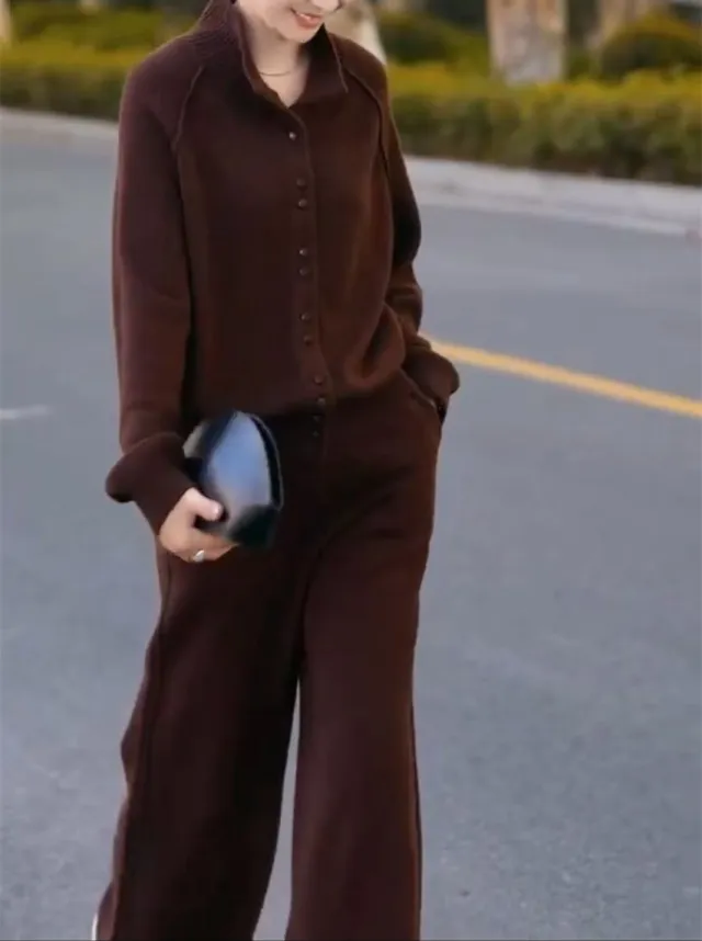 Fashion Soft Glutinous Baggy Coat Slimming Wide leg Pants Suit Women Coffee Color Suit - Shop at LoveMi
