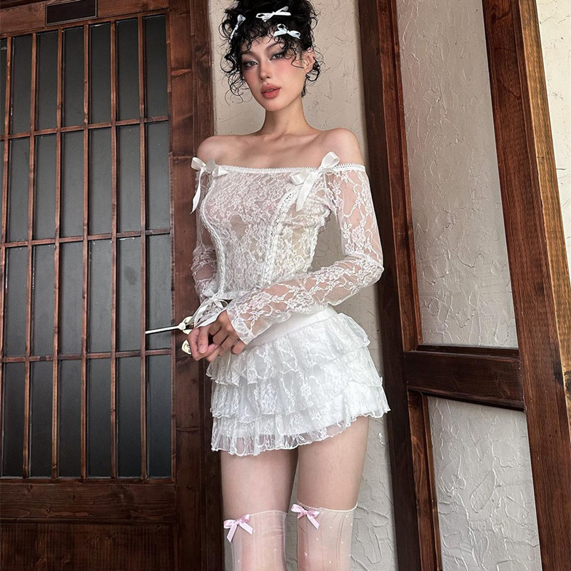 Sexy Lace Tied Long Sleeves Top Fashion Skirt Suit