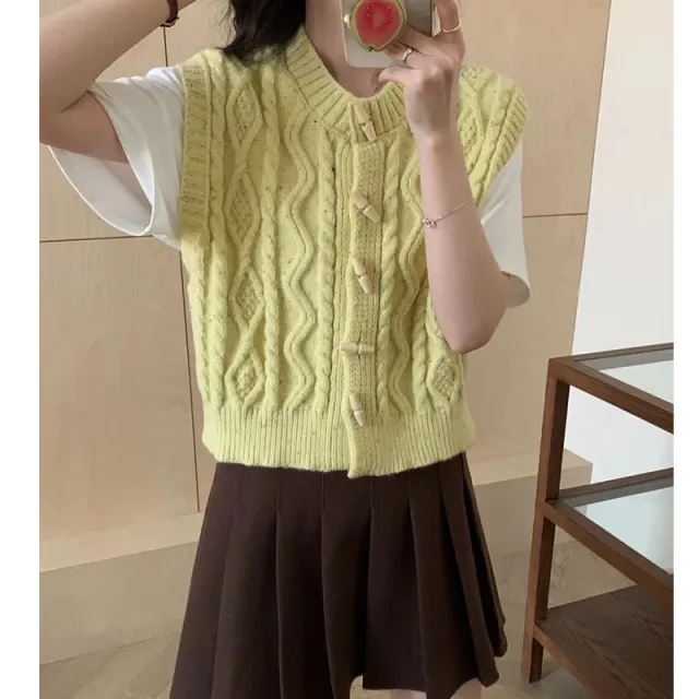 Horn Button Retro Twist Knitted Vest Cardigan For Women Yellow Green - Shop at LoveMi