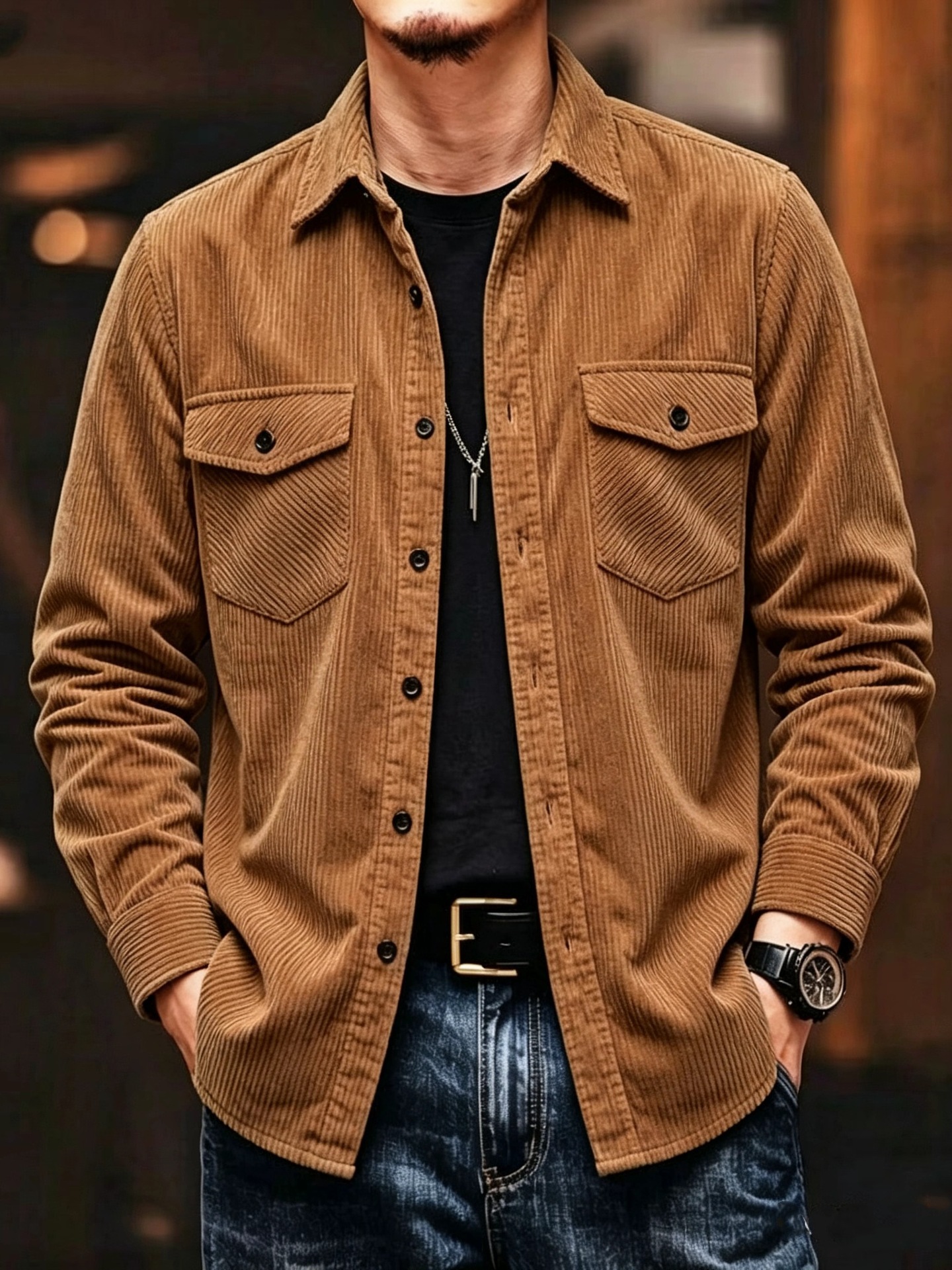 Men's Plus-Size Casual Corduroy Long-Sleeve Lapel Shirt In Multiple Colors