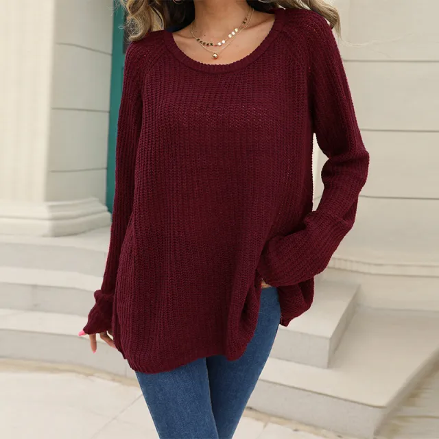 Solid Color Simple Women's SweaterCasual Versatile Long Sleeves Wine Red - Shop at LoveMi
