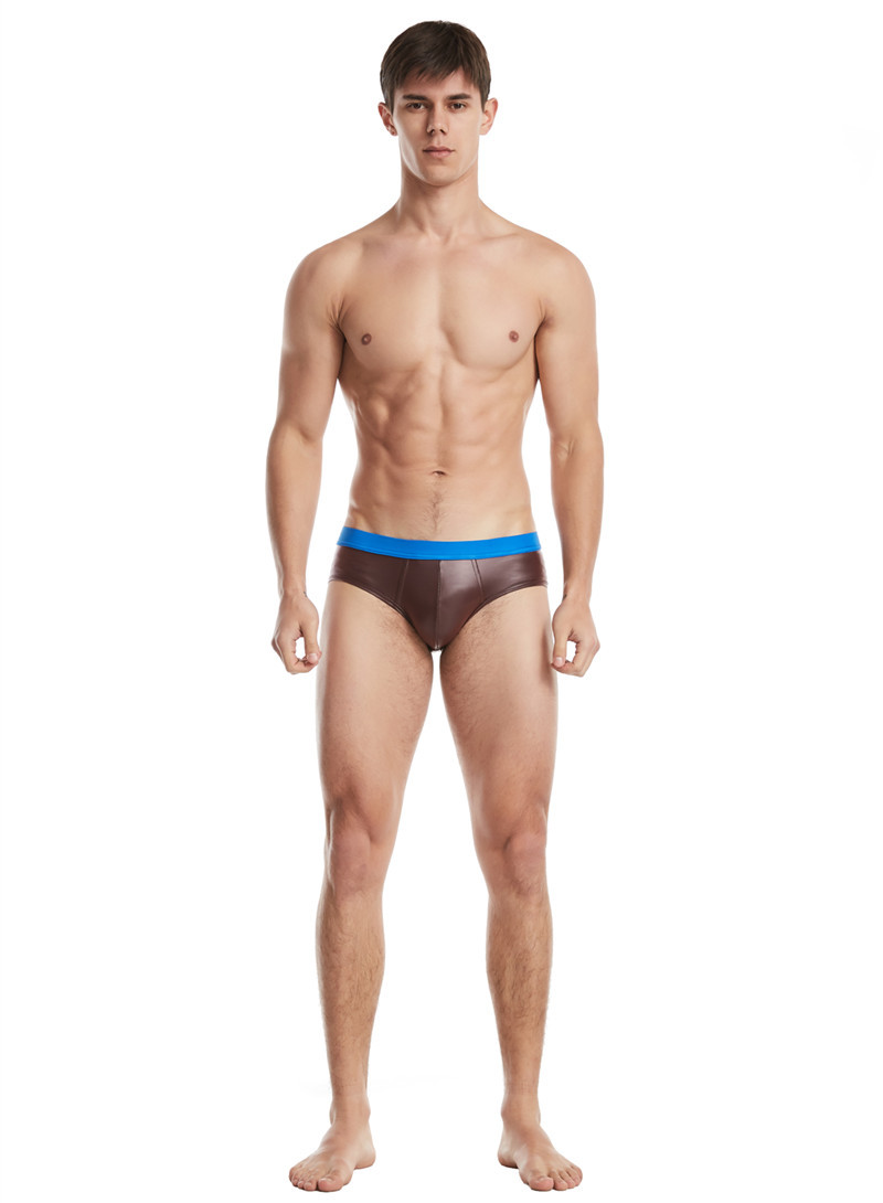 Men's Elastic Imitation Leather Patent Leather Briefs Blue Waist Wine Red - Shop at LoveMi