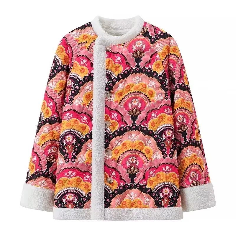 Women's Lamb Wool Printing Cotton Jacket Color Mixing - Shop at LoveMi