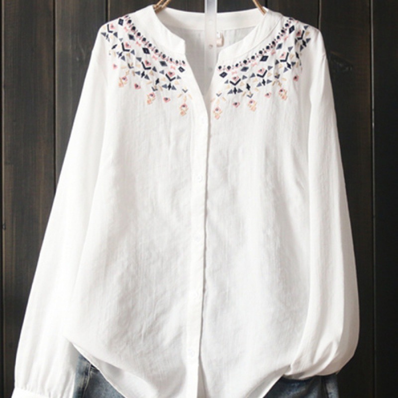 Womens Loose Versatile White Long-Sleeve Embroidered Shirt
