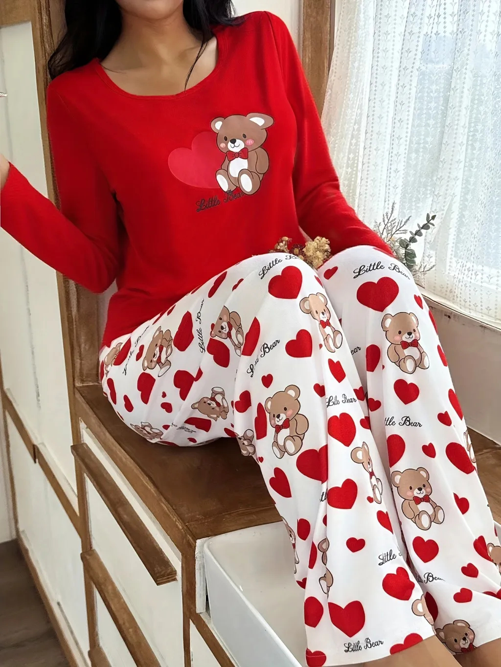 Womens Crew-Neck Bear And Heart Print Long-Sleeve Pajama Set With Long Pants - Tz13211-L