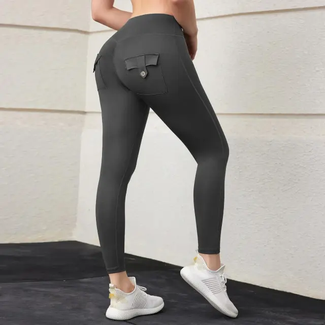 High Elastic Tooling Style Ankle length Pants With Buttons In The Back Pocket Dark Gray - Shop at LoveMi