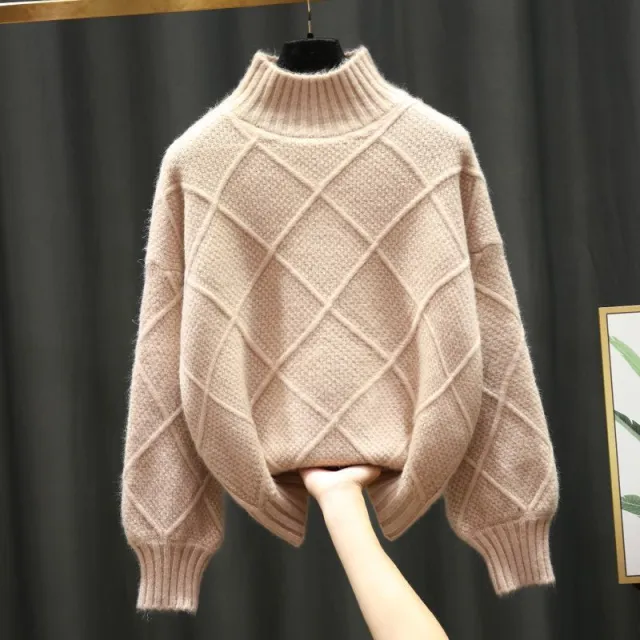 Turtleneck Pullover Diamond All match Solid Color Loose Sweater Apricot - Shop at LoveMi