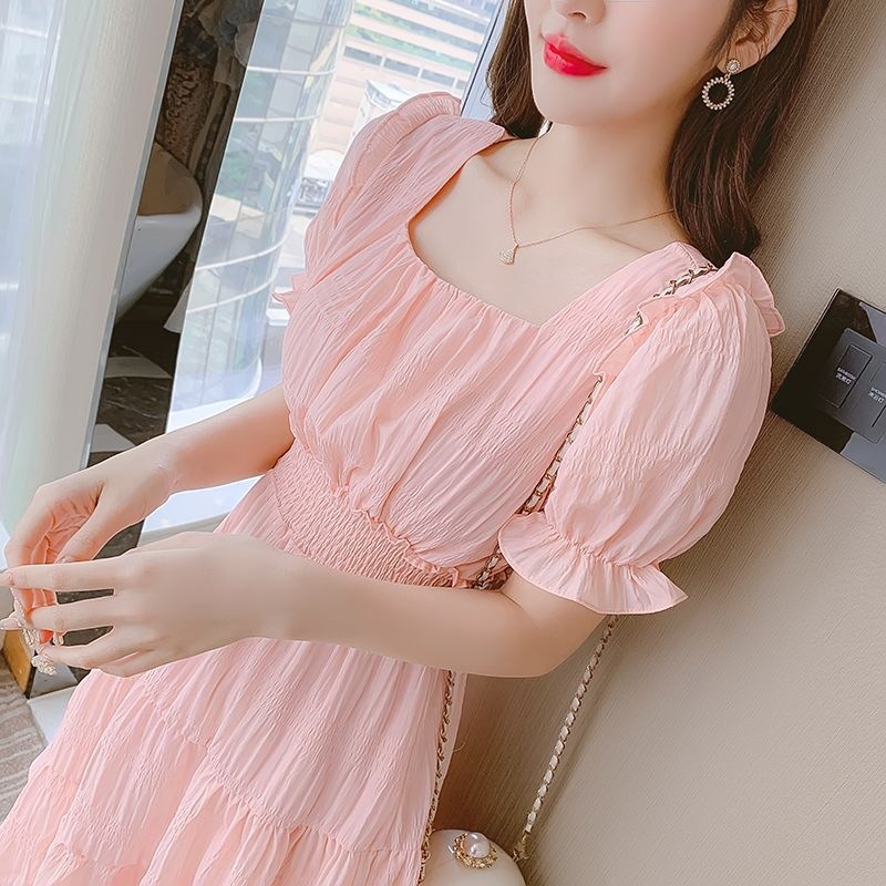 Womens French-style Niche Waist-cinching First-love Sweet And Delicate Tiered Dress