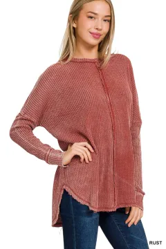 Women's Washed Waffle Back-stitched Long-sleeved Top - Amber-Xxxxl - View 1