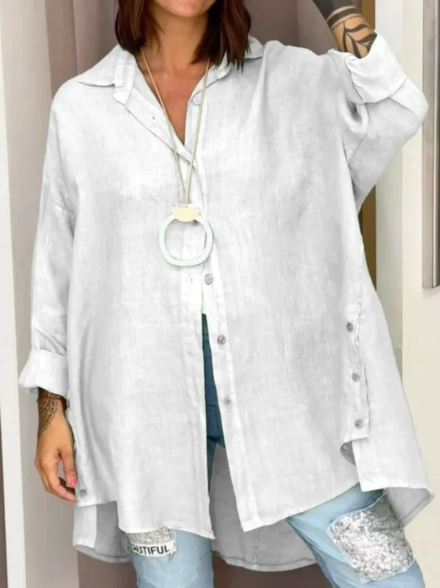 European And American Solid Color Women's Nine quarter Sleeve Cotton And Linen Shirt White - Shop at LoveMi