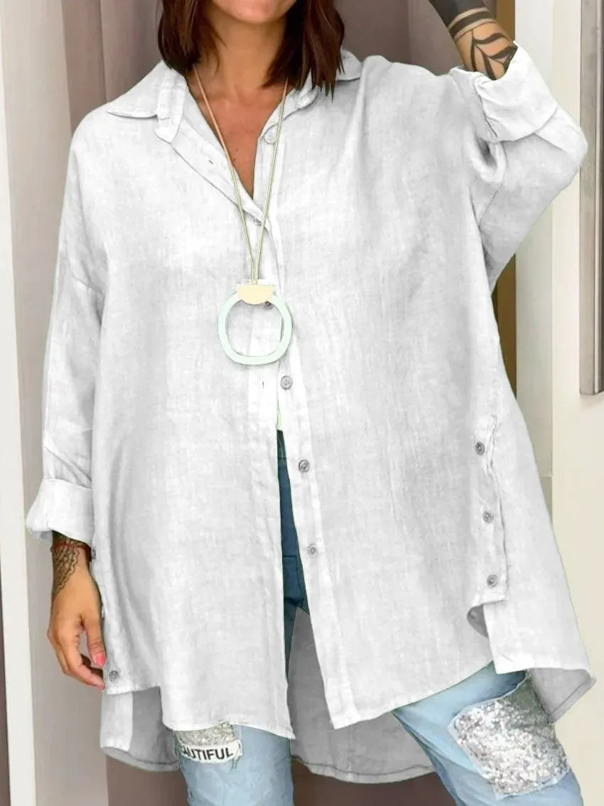 European And American Solid Color Women's Nine-quarter Sleeve Cotton And Linen Shirt - White