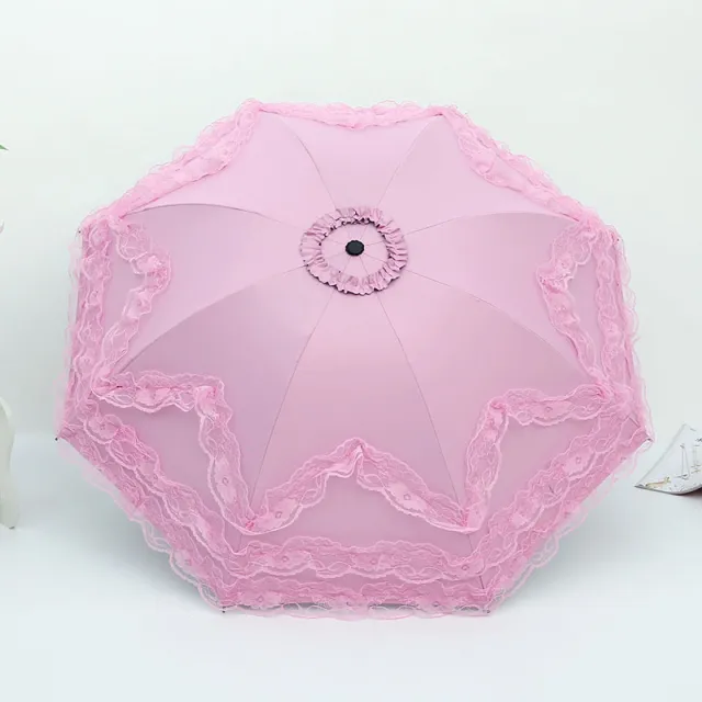 Four layer Lace Sunscreen Three Folding Rain Or Shine Dual use Umbrella Pink - Shop at LoveMi