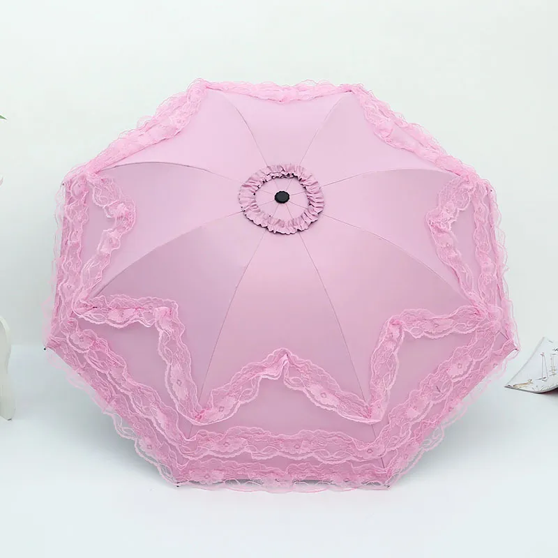 Four-layer Lace Sunscreen Three Folding Rain Or Shine Dual-use Umbrella - Pink