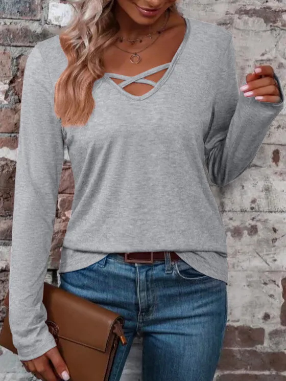 V neck Cross Cotton Solid Color Casual Minimalist Long Sleeve Gray - Shop at LoveMi