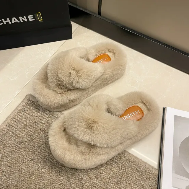 Plus Size Slippers Women's Thick Bottom 7cm Brushed Lining Home Milk Tea Color Cross 35 - Shop at LoveMi