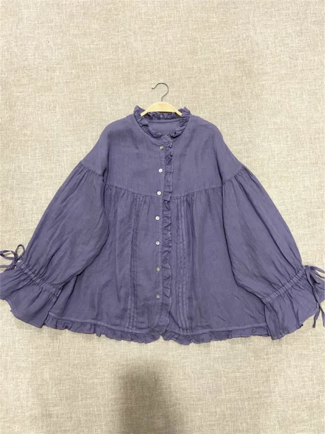 Japanese Style Artistic Linen Wooden Ear Loose Princess Sleeves Shirt Purple - Shop at LoveMi