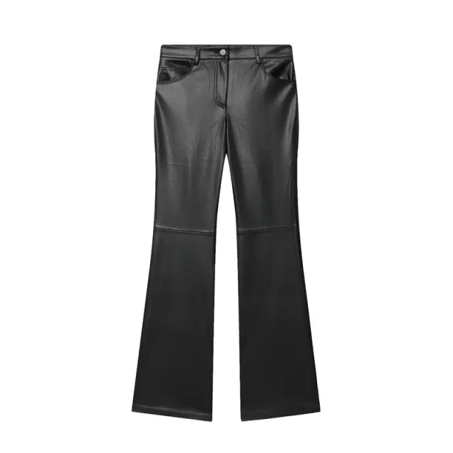 Cord waist Micro flared Pants For Leg lengthening, Figure hugging Casual Leather Pants Black - Shop at LoveMi