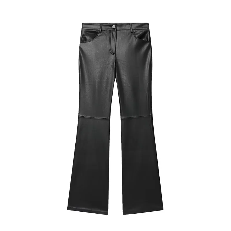 Cord-waist Micro-flared Pants For Leg-lengthening, Figure-hugging Casual Leather Pants - Black
