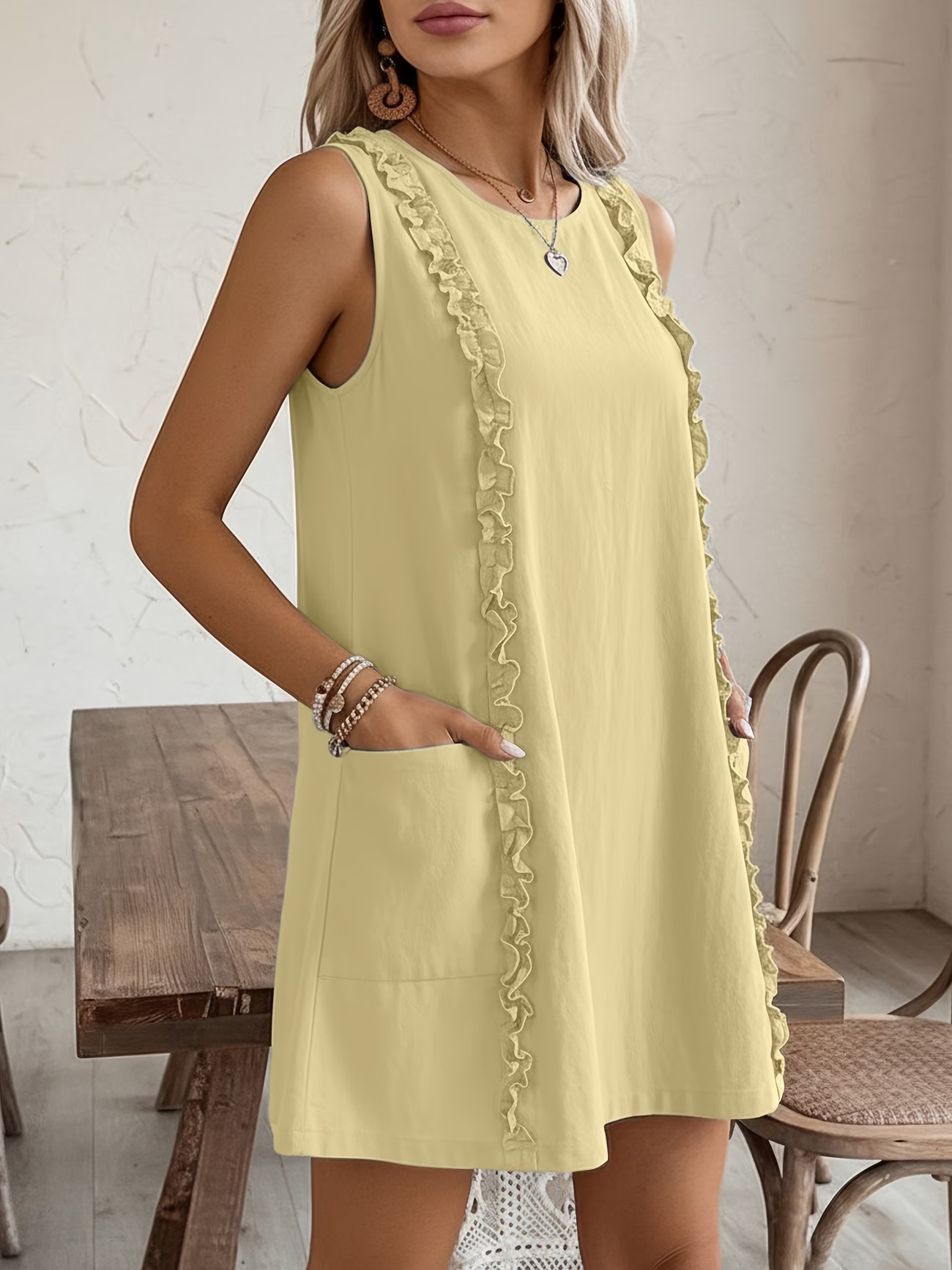 Women's solid ruffle dress in pink – front view