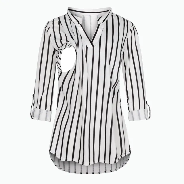 Plaid Printed Pregnant Woman Breastfeeding V neck Long Sleeve Top Stripes M - Shop at LoveMi