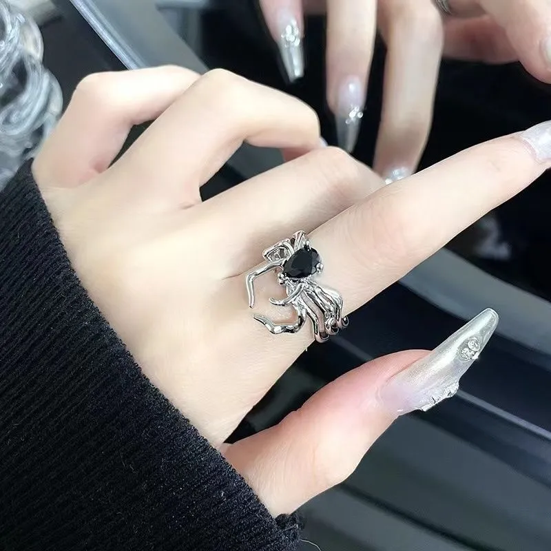 Dark Retro Black Gem Spider Ring Open Personality - Little Spider Droplet