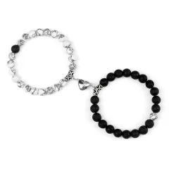 Turquoise Peach Heart Magnet Couple Design Bracelet - Black Line Volcanic Rock - View 1