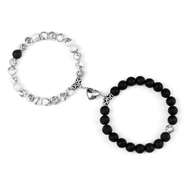 Turquoise Peach Heart Magnet Couple Design Bracelet Black Line Volcanic Rock - Shop at LoveMi