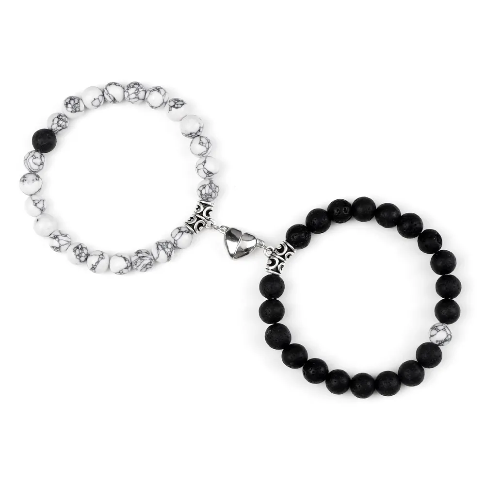 Turquoise Peach Heart Magnet Couple Design Bracelet - Black Line Volcanic Rock