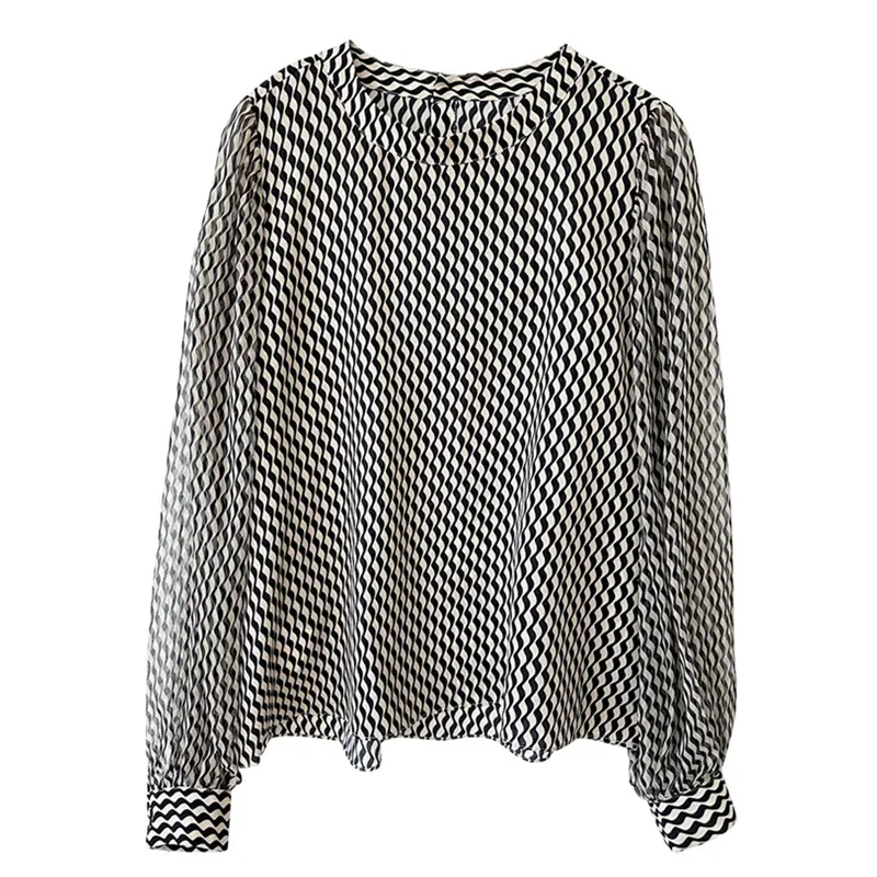 Striped Crepe De Chine Silk Shirt Stand Collar - Tan