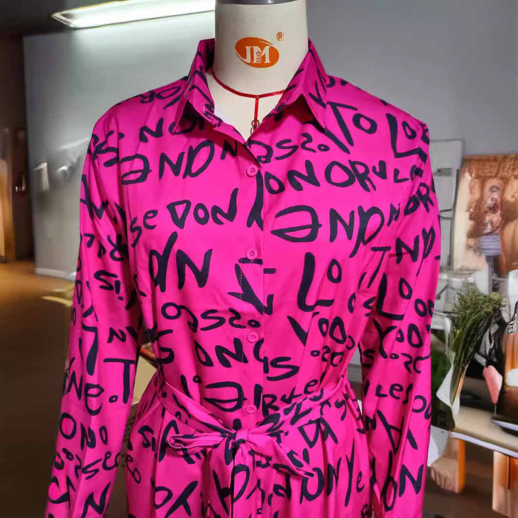 Printed Cardigan Lapel Loose Shirt Dress