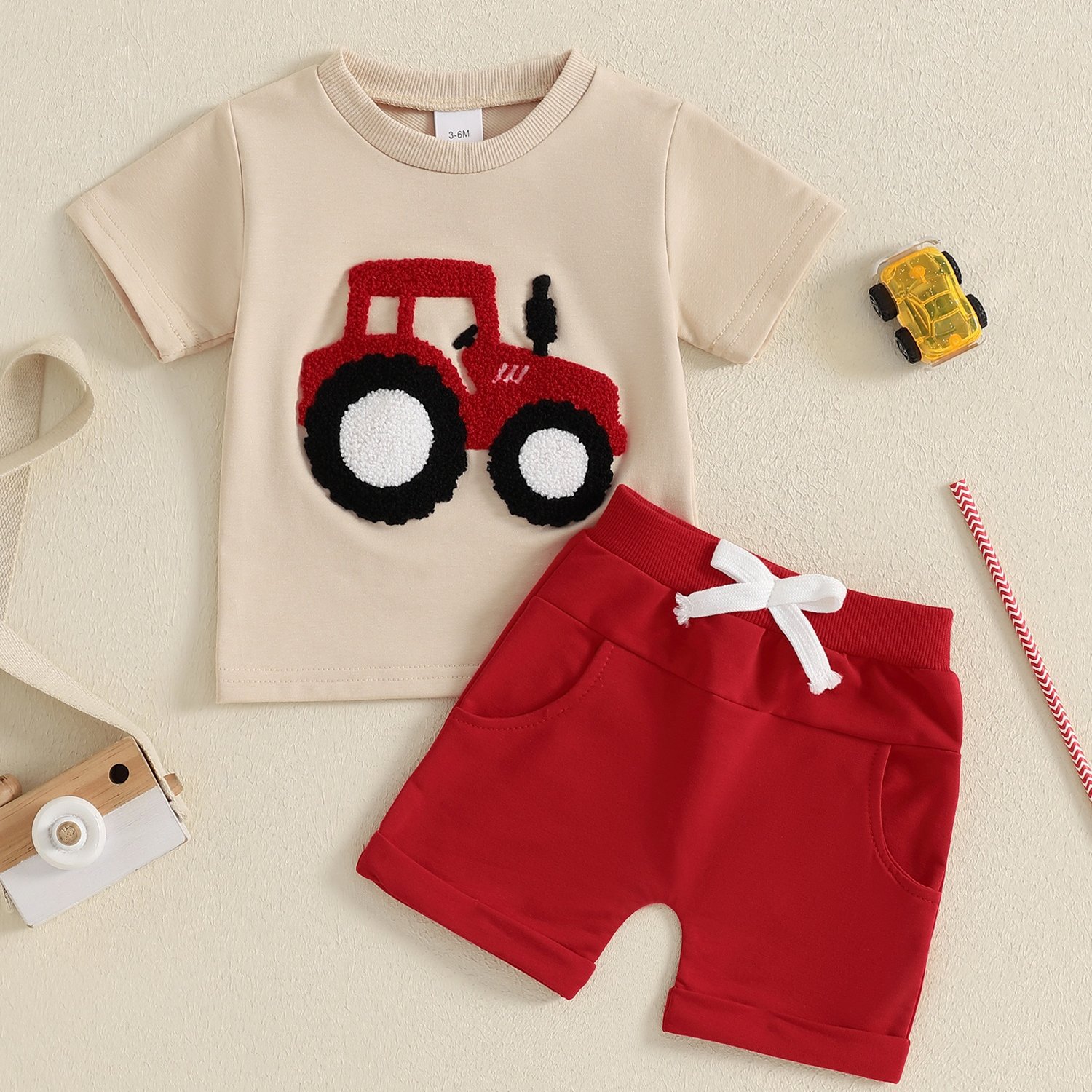 Toddler Boys Summer Outfits Truck Embroidered Round Neck