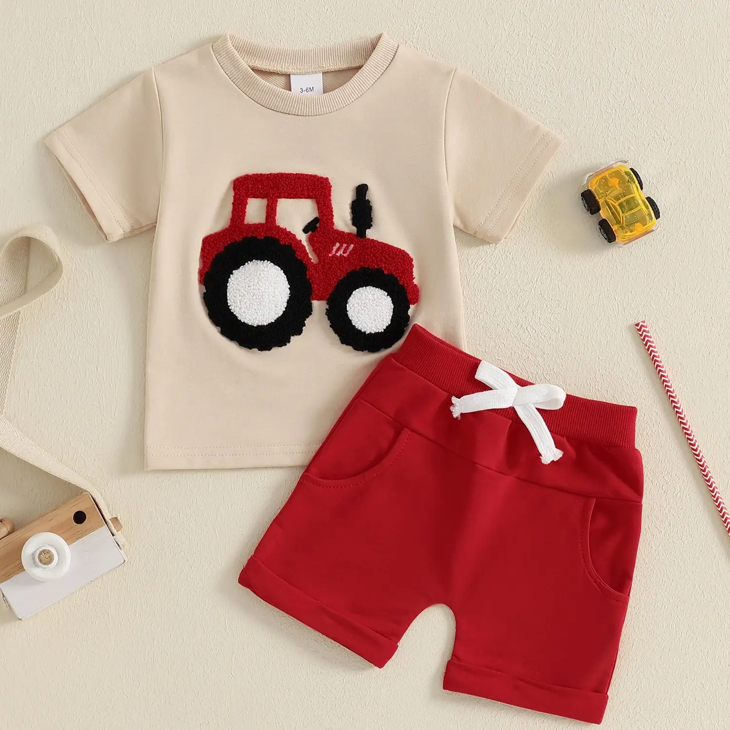Toddler Boys Summer Outfits Truck Embroidered Round Neck