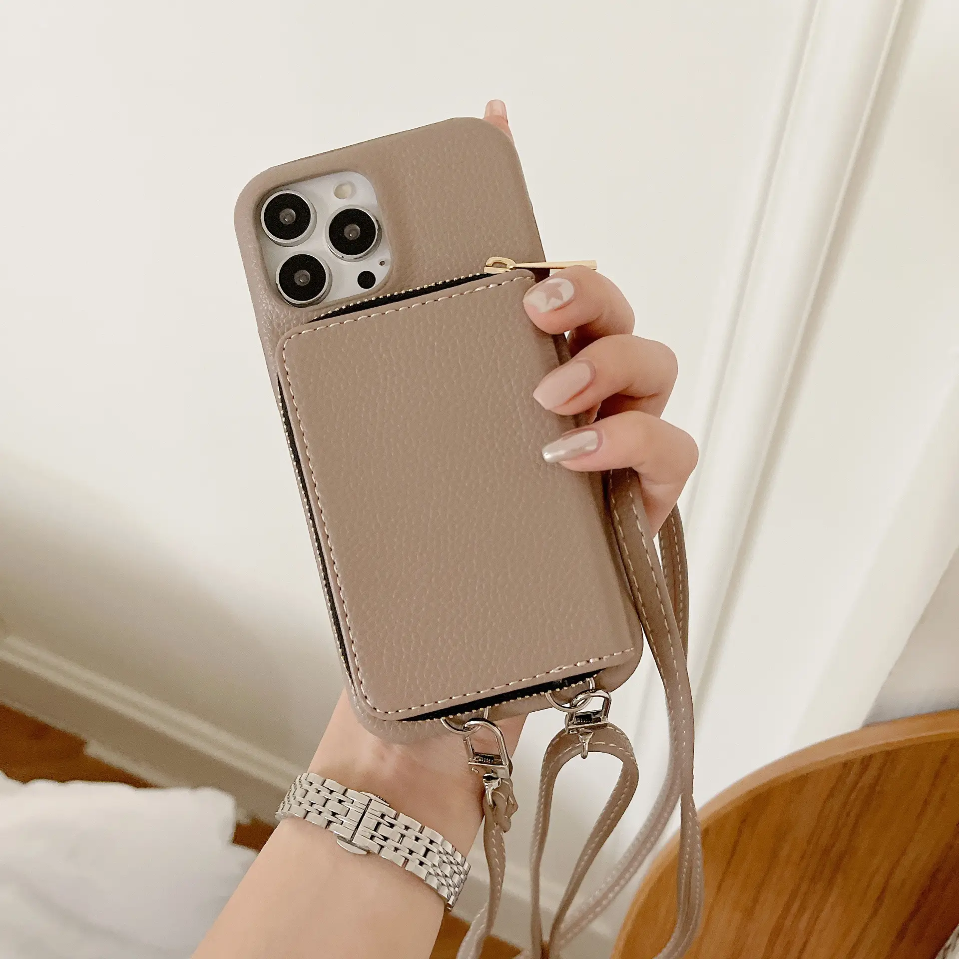 Phone Case Lychee Pattern Protective Cover Zipper Card Holder Lanyard