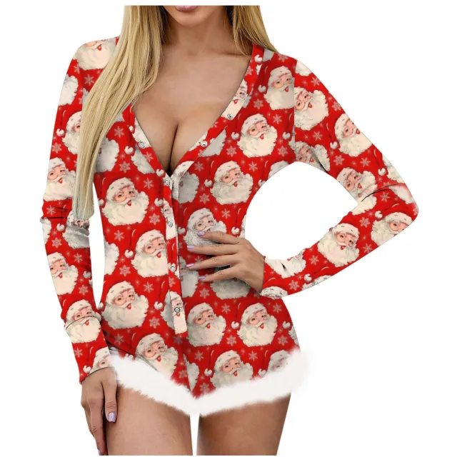 Christmas Women's Top Printed Sexy Long Sleeve V neck Backless Furry Jumpsuit Red - Shop at LoveMi