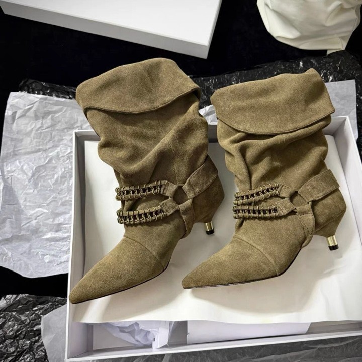 Women's Retro Chain-buckle Pointed-toe Pleated Slouch Boots