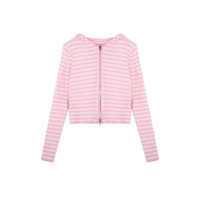 Striped Hooded Long sleeved Knitted Cardigan Jacket Pink - Shop at LoveMi