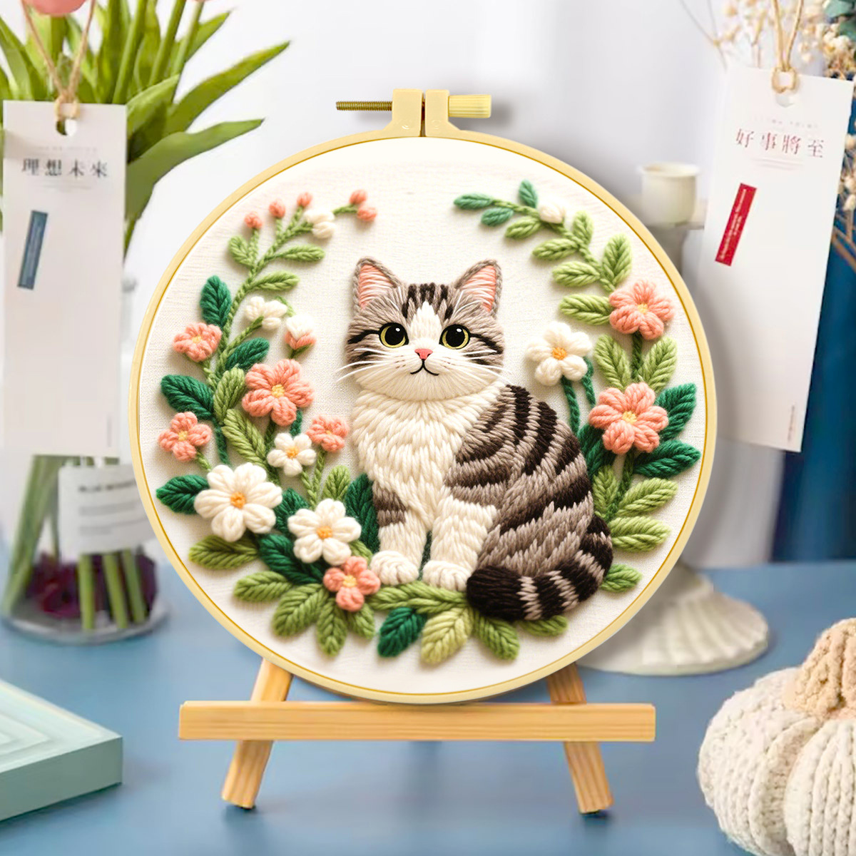 Grey Cat Embroidery Kit DIY Home Decor