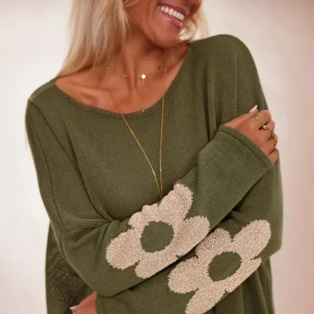 Graceful Floral Jacquard knit Loose fitting Crew neck Pullover Green - Shop at LoveMi